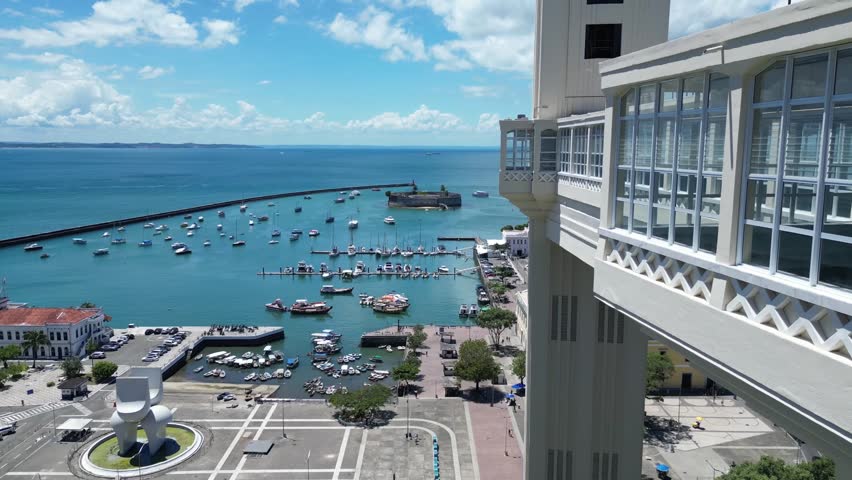 Aerial drone view of Elevador Lacerda landmark in Salvador, Bahia, Brazil	