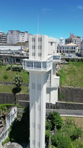 Aerial drone view of Elevador Lacerda and bay in Salvador, Brazil	