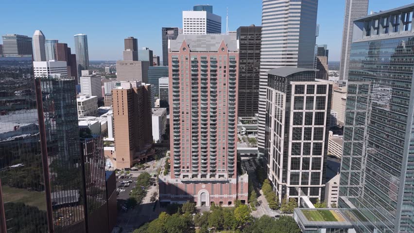 Tall glass buildings in the American city of Houston. Aerial view