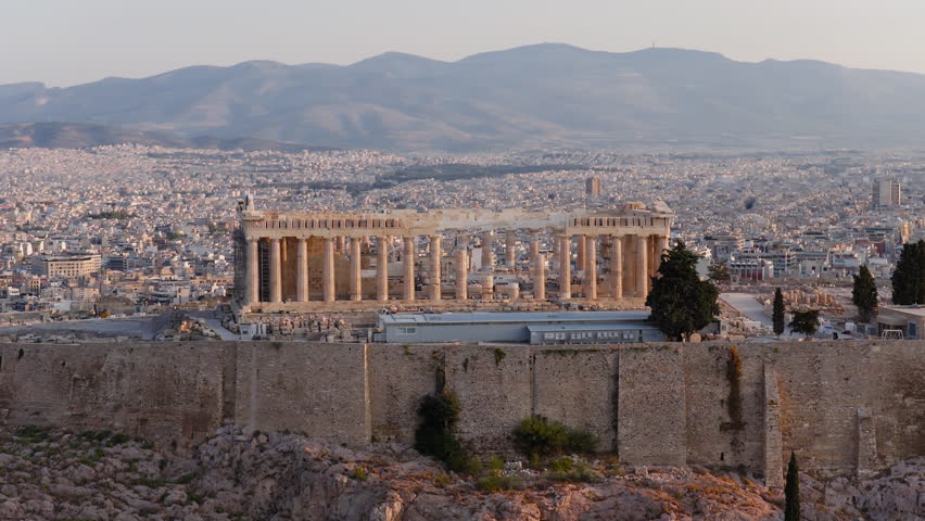 Parthenon temple on the Acropolis of Athens, Greece ancient Greek monument aerial drone