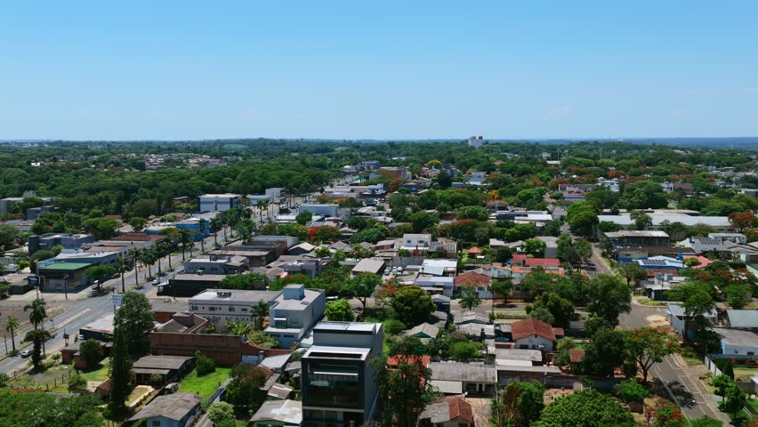 Aerial view of Foz do Iguaçu city center toward airport and Parque Nacional do Iguaçu, Brasil
