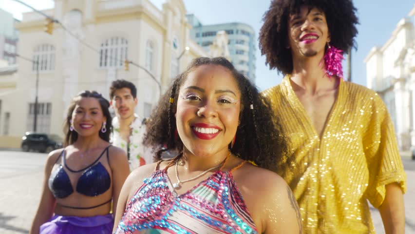 Joyous Carnival Celebrations in Brazil, Energetic Friends Partying Outdoors in Festive Costume. Exuberant Brazilian Street Fest, Close-Up of Smiling Woman with Friends Enjoying Carnaval