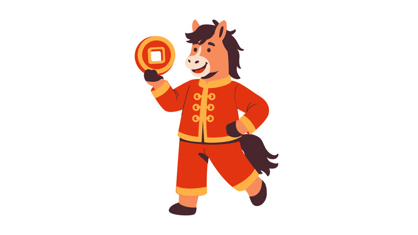 A charming cartoon depiction of a horse character in a traditional red Chinese outfit holding a golden coin, symbolizing good fortune.