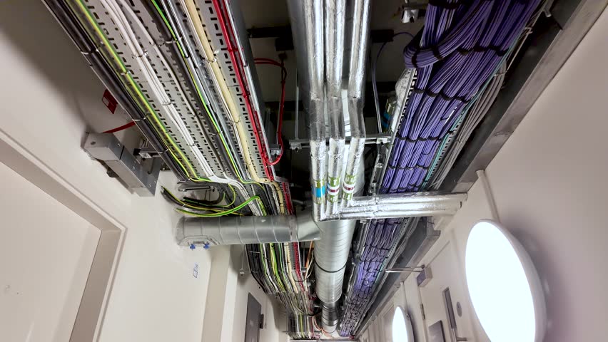 Exposed Insulated Piping and Network Cables Running Along the Ceiling of a Basement or Utility Room Showing Complex Infrastructure and Building Systems