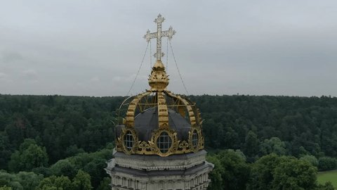Drone Circling Church Dome Pulling Away