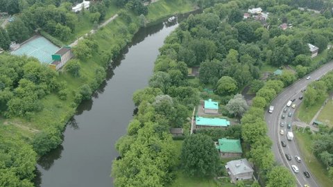 Drone Flying Backward above River Podolsk