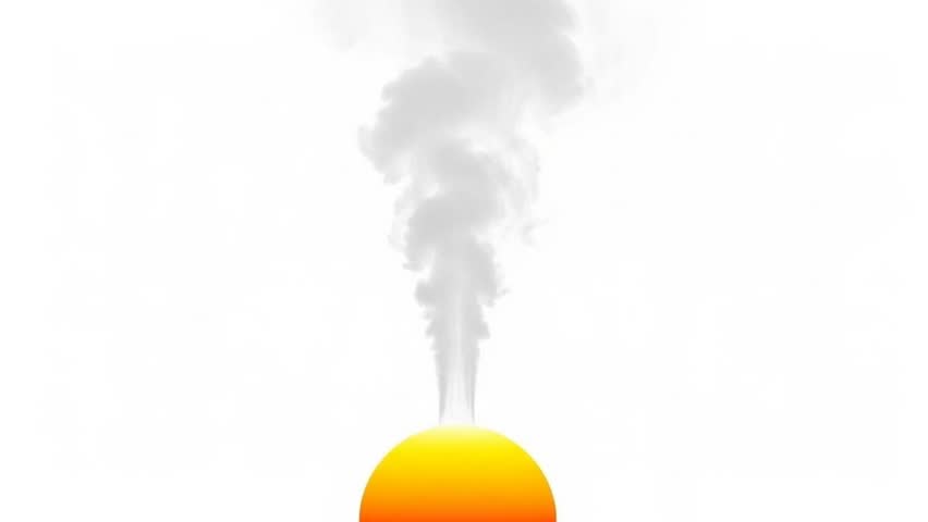 A stylized orange hemisphere sits at the bottom, emitting a tall, swirling plume of white smoke upwards against a pure white background.
