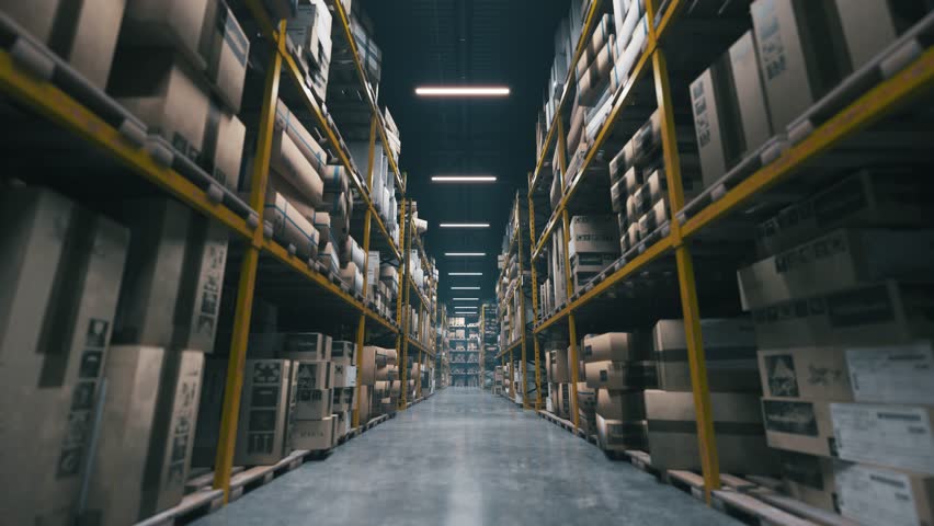 Warehouse Lights Turning On. Industrial Distribution Center Interior Animation