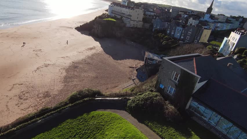 Tenby beach drone pass panoramic sunshine 1080p
