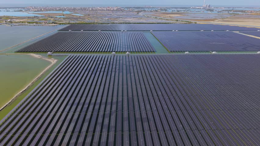 Aerial footage of solar power station on the beach of Yingge bay of Ledong, Hainan Province, China.