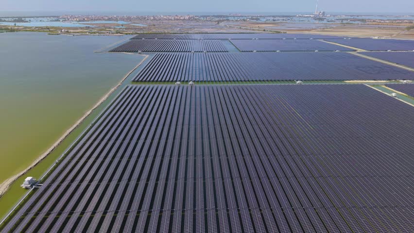 Aerial footage of solar power station on the beach of Yingge bay of Ledong, Hainan Province, China.