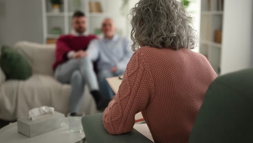 Over the shoulder view of a female psychotherapist listening to a blurred gay couple. The therapist is taking notes during a consultation