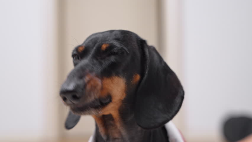 A close-up of a black and tan dachshund, head slightly raised, licking its lips and wagging its tail happily, happy to see its owner