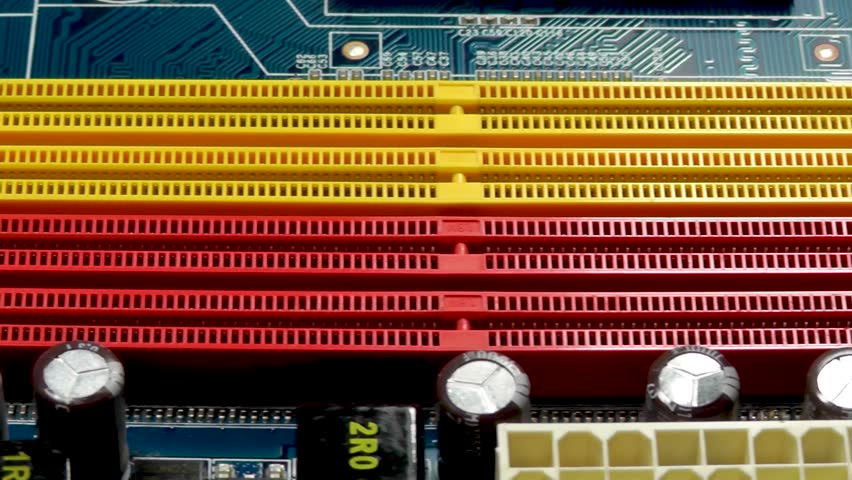 Computer motherboard, close-up of motherboard components
