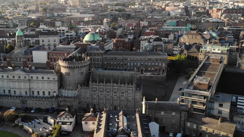 Dublin Castle, Ireland. Drone panoramic cityscape. Historical Landmark, Golden Light