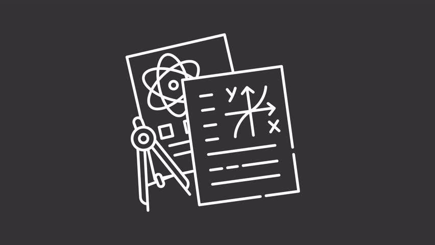 Animated student notes white line icon. High school classes animation. Natural science learning. Education in high school. Studying. Isolated element on dark background. Alpha transparent video