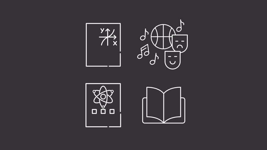 Animated school subjects white white line icons. Learning natural science, religion and arts animation set. Student development. Education. Isolated elements on dark background. Alpha channel HD video
