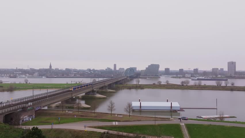 Rail traffic on the spoorbrug in Nijmegen, Netherlands.