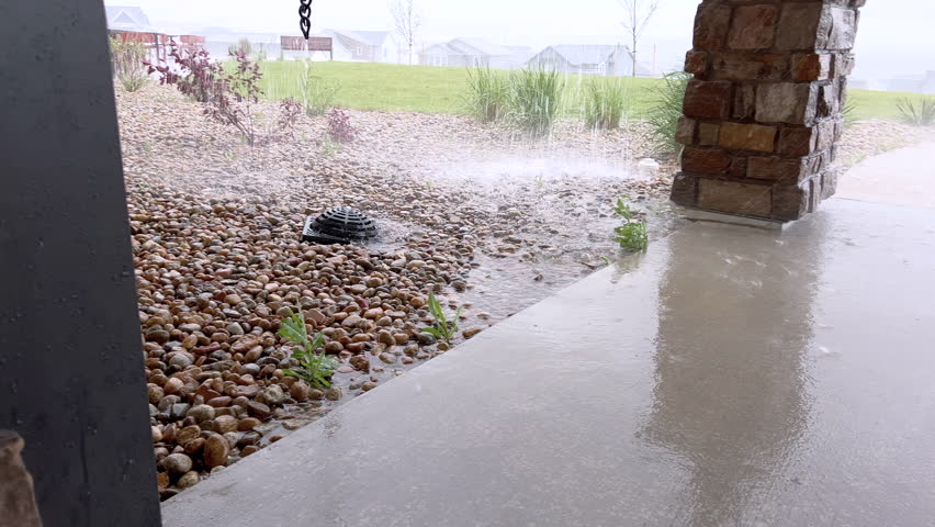 Stormwater drains through decorative river rock into a ground drain near a landscaped patio. Water rushes quickly as rain continues to fall.