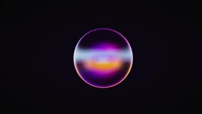 Close-up of a single glowing iridescent soap bubble with vibrant purple, pink, and yellow tones set against a pitch-black background - Powered by Shutterstock - Get 15% off with code: PIKWIZARD15