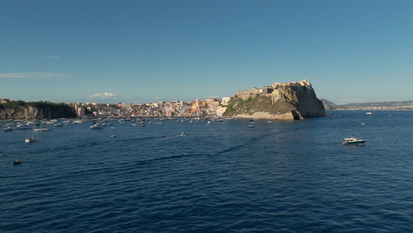 Panorama Of Procida Island With Terra Murata Hill In Phlegraean Islands, Naples Bay, Italy. - aerial shot