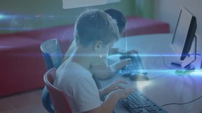 Animation of network of connections over diverse schoolchildren using computers in classroom. global education, connections and digital interface concept digitally generated video. - Powered by Shutterstock - Get 15% off with code: PIKWIZARD15