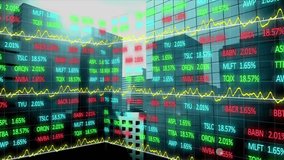 Animation of financial and business data processing over cityscape. Global finances, business, connections and data processing concept digitally generated video. - Powered by Shutterstock - Get 15% off with code: PIKWIZARD15