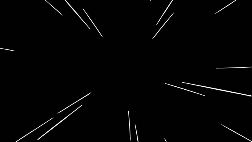 Animated manga-style forward moving radial speed lines. Isolated on black background, ideal for compositing