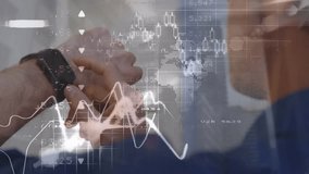 Animation of financial data processing and statistics over man checking time. Global finance, business and data processing concept digitally generated video. - Powered by Shutterstock - Get 15% off with code: PIKWIZARD15