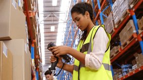 Animation of communication network over female worker using scanner in warehouse. Industry, work, digital interface, data and communication, digitally generated video. - Powered by Shutterstock - Get 15% off with code: PIKWIZARD15