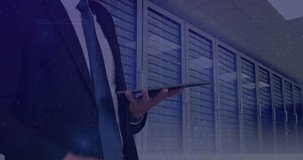 Animation of data processing over caucasian businessman in server room. Global business and digital interface concept digitally generated video. - Powered by Shutterstock - Get 15% off with code: PIKWIZARD15