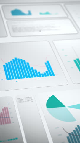 Digital analytics dashboard with abstract bar charts, pie graphs and data panels floating in a clean interface, representing business intelligence, reporting, metrics analysis and modern data visualization workflows.