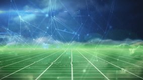 Green wireframe grid moving forward triggered by blue network forming and shifting across horizon. Futuristic, digital, abstract, technology, cyber, virtual, dynamic - Powered by Shutterstock - Get 15% off with code: PIKWIZARD15