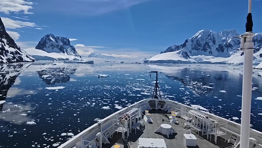Antarctic Expedition Ship Navigating Through Mirror Calm Ice Waters