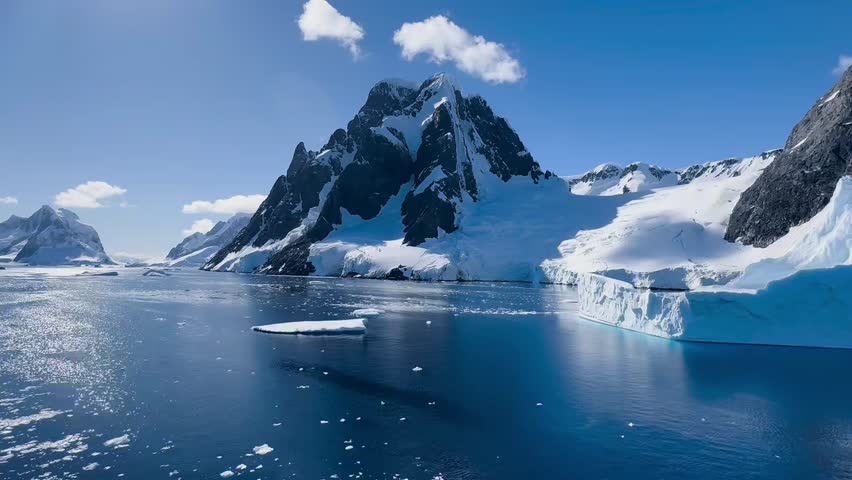 Calm Polar Sea with Ice Floes and Snowy Mountains
