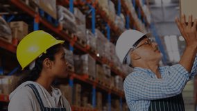 Animation of network of connections over two diverse warehouse workers. global shipping, delivery, business, data processing and technology concept digitally generated video. - Powered by Shutterstock - Get 15% off with code: PIKWIZARD15