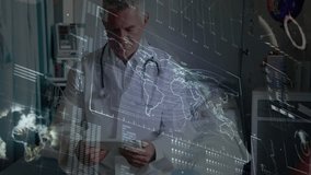Interface with data processing against caucasian senior male doctor using digital tablet at hospital. Medical healthcare and technology concept - Powered by Shutterstock - Get 15% off with code: PIKWIZARD15