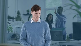 Animation of caucasian man holding umbrella and stock market over diverse business people. Global business, finances and digital interface concept digitally generated video. - Powered by Shutterstock - Get 15% off with code: PIKWIZARD15