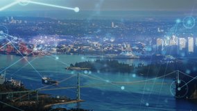 Animation of financial data processing over cityscape. Global development business digital interface technology and networking concept digitally generated video. - Powered by Shutterstock - Get 15% off with code: PIKWIZARD15