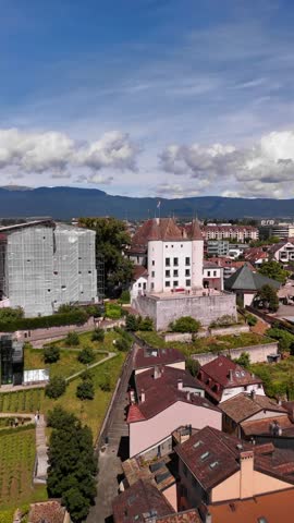 Historic town of Nyon, Switzerland Château de Nyon aerial drone Lake Geneva shore