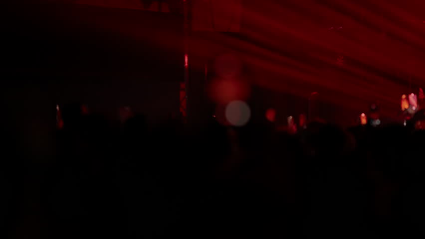 Video shows a crowd of silhouettes at a concert with red stage lights. A fan holds up a phone to record the show, with the focus shifting from wide to a close-up of the screen.