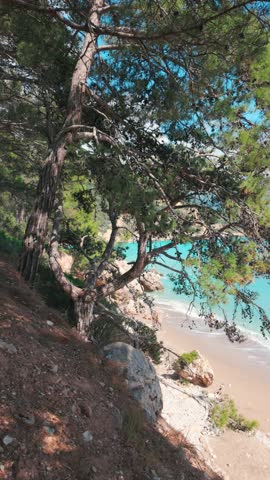 A scenic view of a beach  on Mediterranean coast of Turkey. Mediterranean beach during summer vacation. Nature view for summer vacation. 