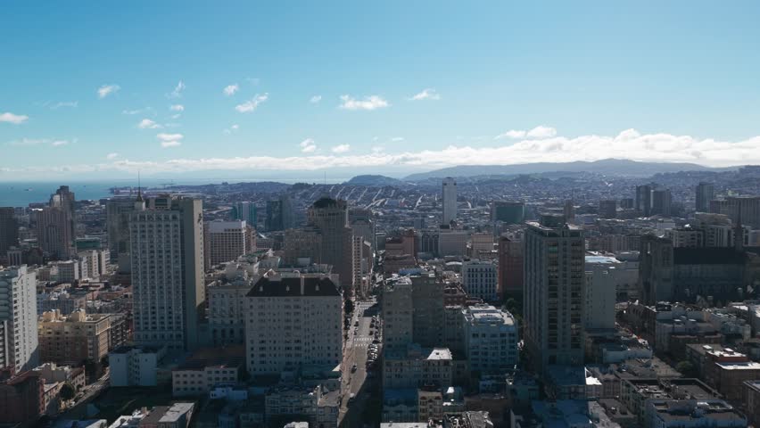 Wide aerial dolly shot of Nob Hill looking towards South San Francisco in Northern California. 4K