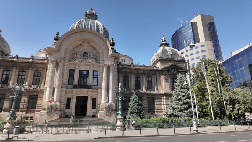 Exterior facade view of the Palace of the Deposits and Consignments in Bucharest, Romania, highlighting its historic architecture.