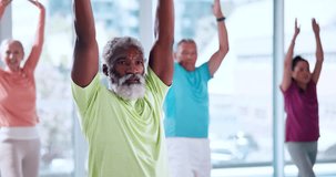 Yoga class, old people and fitness with mobility, spiritual wellness and warrior pose in gym. Man, retirement and group balance in health club with warm up for pilates, stretching and elderly care - Powered by Shutterstock - Get 15% off with code: PIKWIZARD15