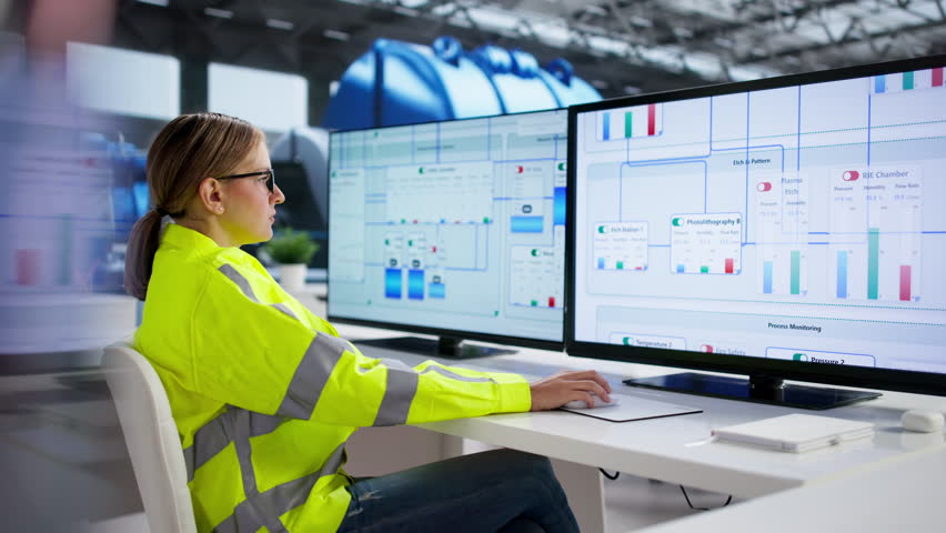 Female Engineer Operating Gas Turbine In Power Plant Control Room.
