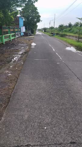 A lon, straight gray concrete road with grassy fields and trees on the right side and a house on the left side.   