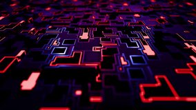 Futuristic abstract glowing circuit board surface with neon red blue and purple digital patterns. Seamlessly looped 3d render background with geometric blocks and illuminated electric lines. 4K 60fps - Powered by Shutterstock - Get 15% off with code: PIKWIZARD15