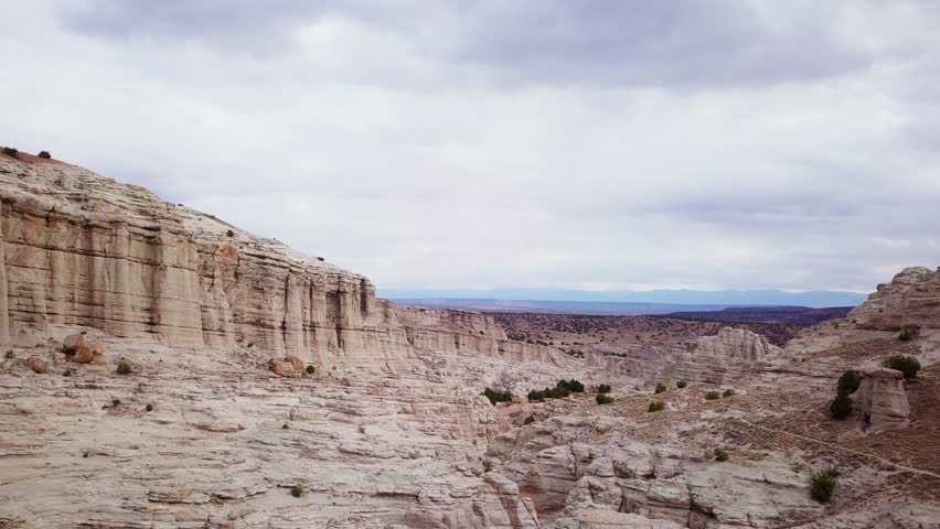 Aerial of canyon and  landscape, drone aerial, 4K, Abiqui New Mexico, White Chapel Rocks National Park, White Rock Formation, American Southwest