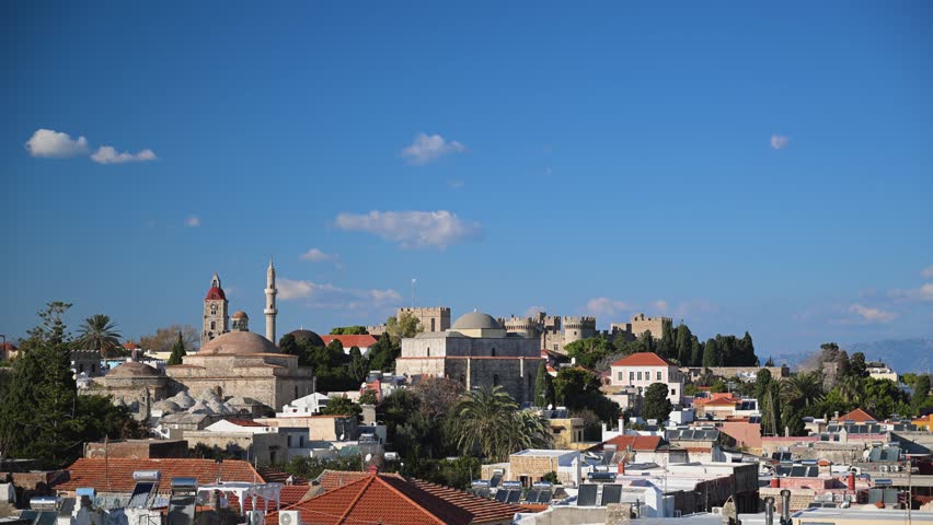 View of the medieval cityscape of Rhodes showing historic stone buildings and fortified architecture within the old town in Greece